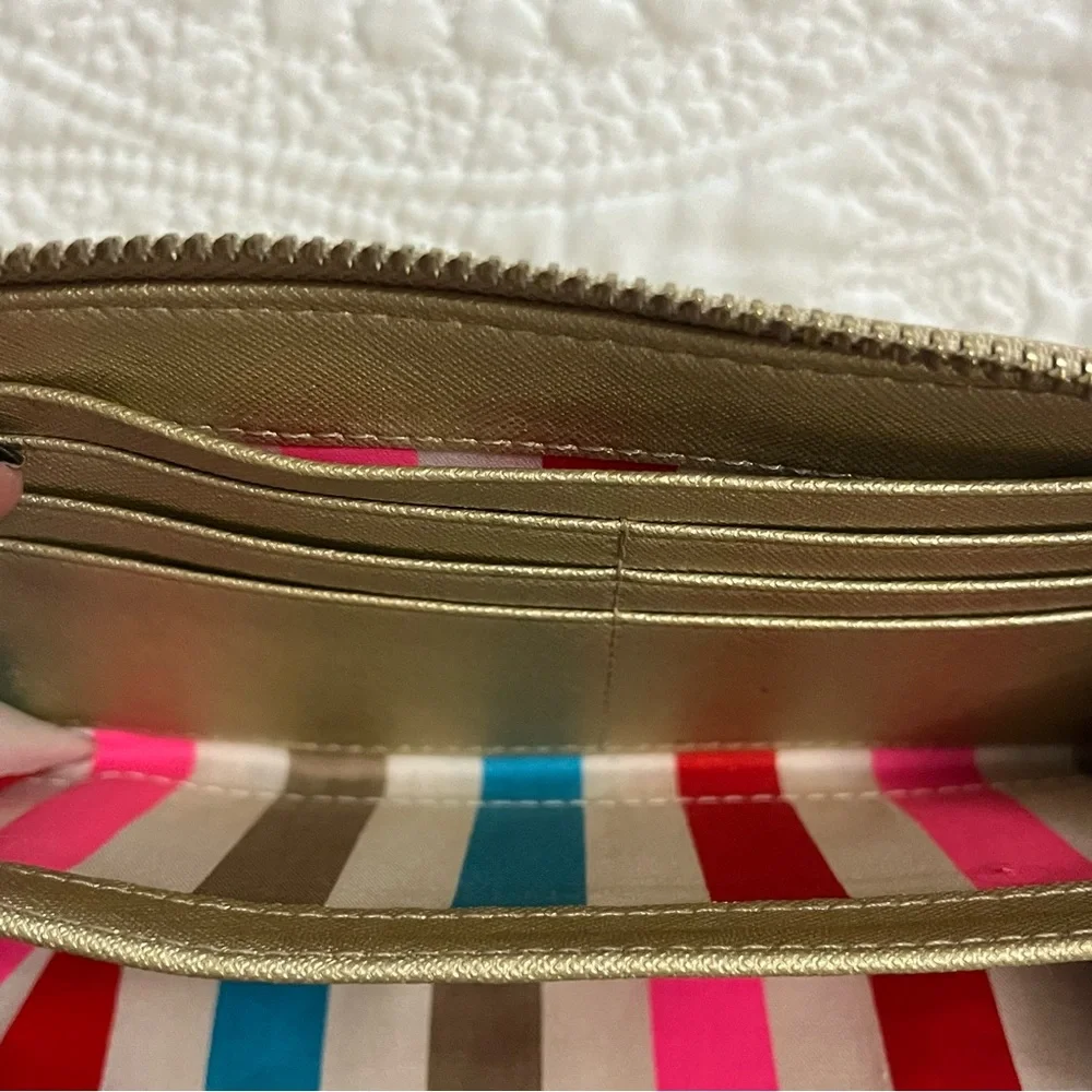 KATE SPADE Gold Zipper Wallet Rainbow White Stripe